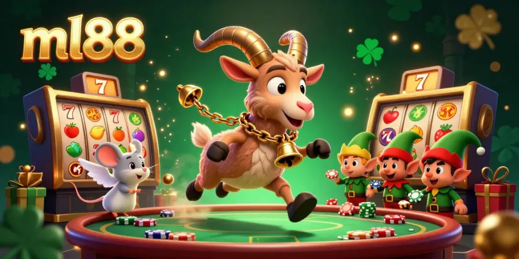 Engage in thrilling games at ml88, featuring a lively casino scene with Krampus, an angel mouse, and naughty gremlins.