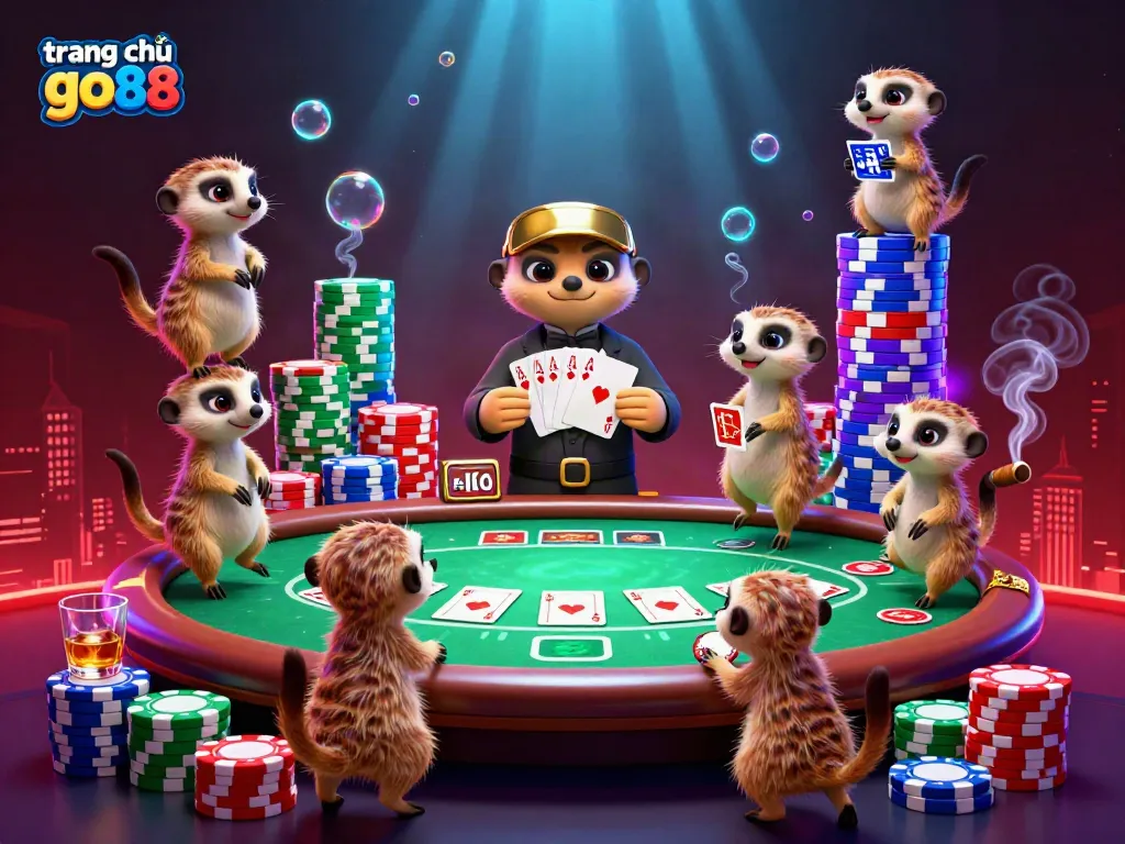Experience the excitement of trang chủ go88 with cartoon meerkats operating a vibrant casino, showcasing lively poker activities.