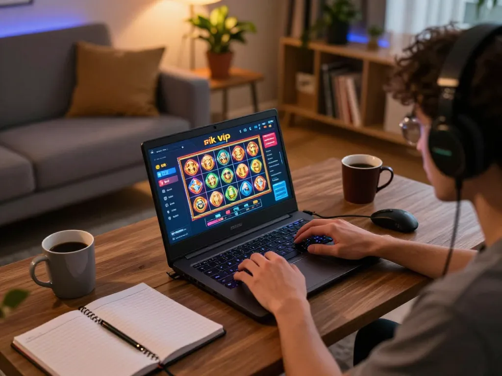 Engaged player enjoying rik vip online gaming on a laptop, showcasing vibrant casino graphics in a cozy setting.