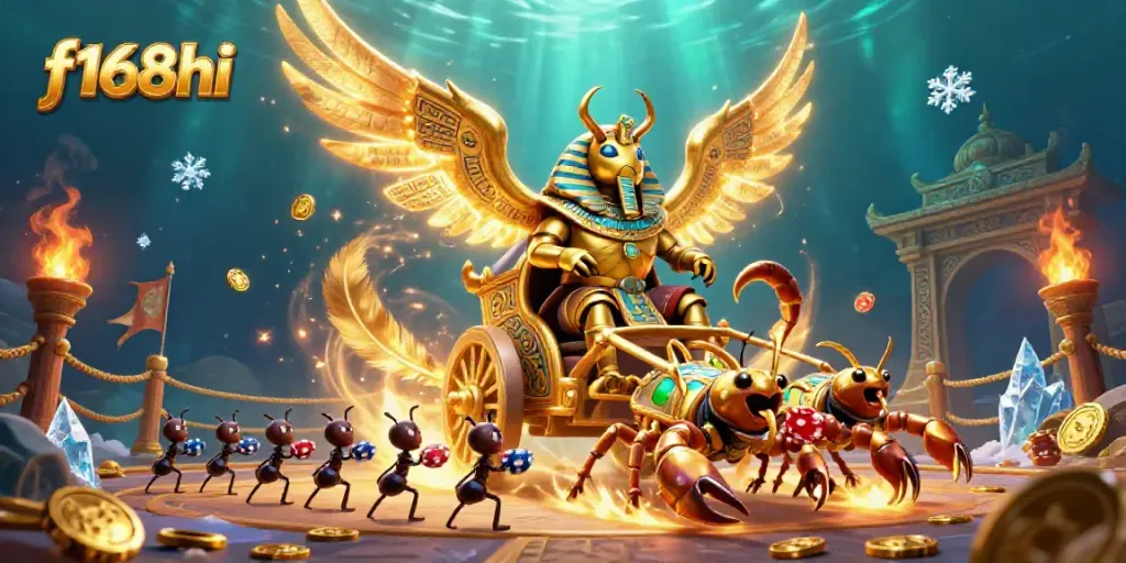 Experience f168hi's vibrant gaming scene with a golden scarab in battle, showcasing rich casino elements.
