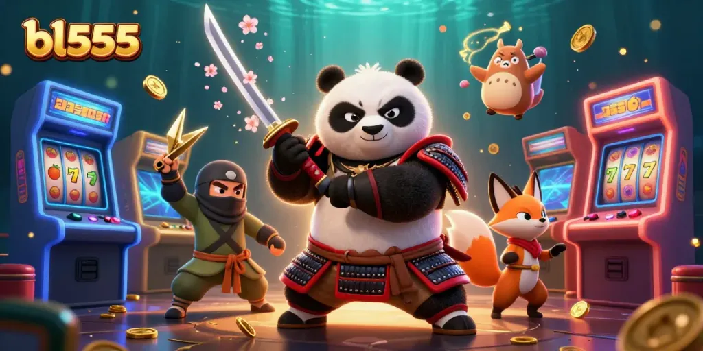Engage in thrilling gameplay at bl555 featuring panda samurai and fox ninja in a casino setting.