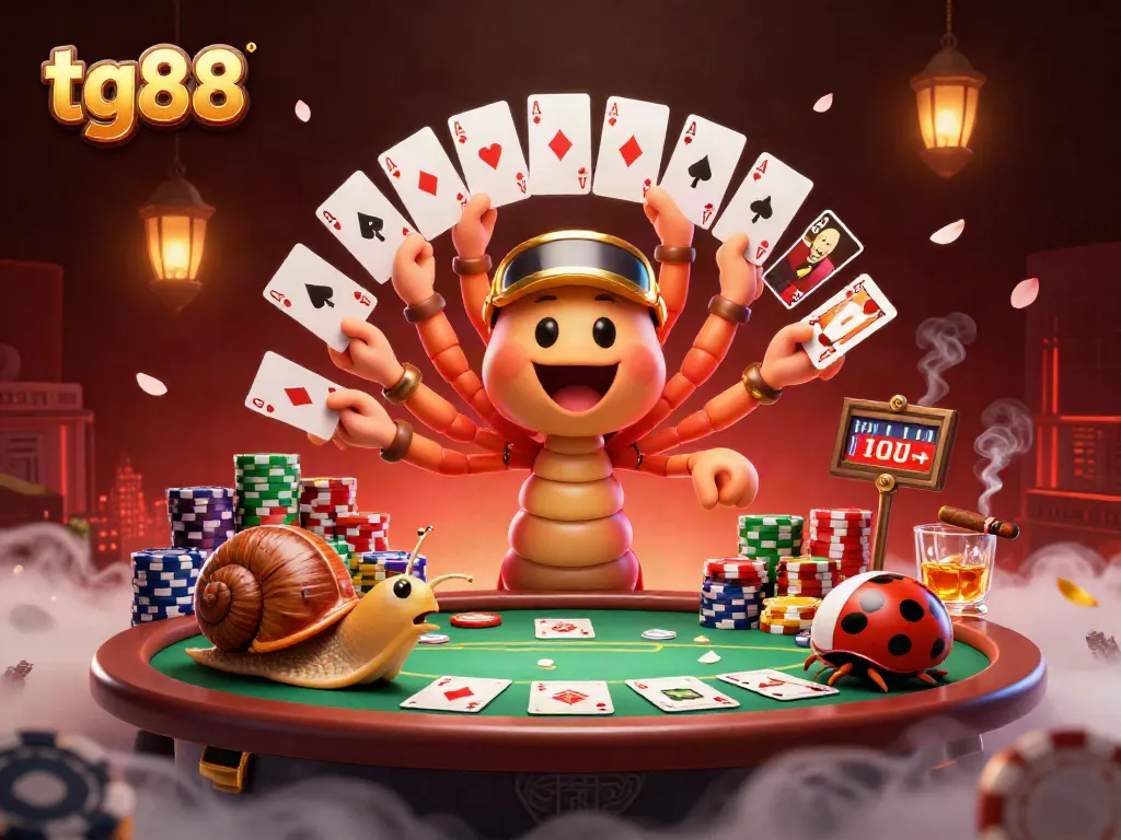 Tg88 dealer shows poker cards while a snail high-roller pushes chips in a vibrant casino.
