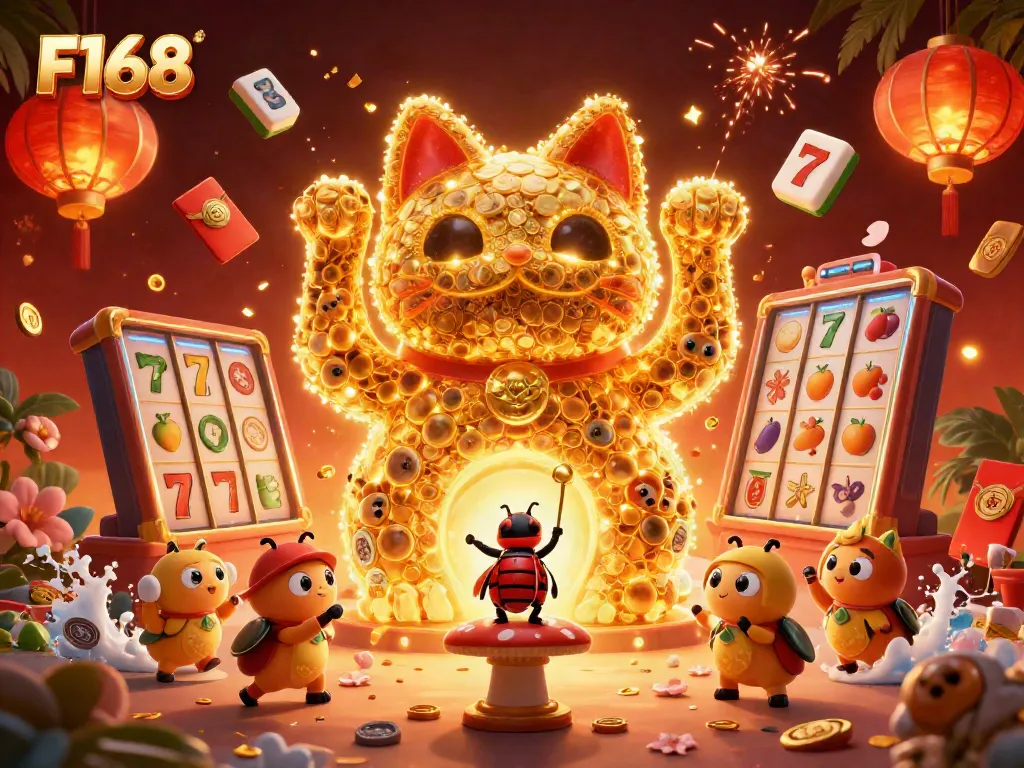 Experience thrilling gameplay with F168's vibrant casino symbols and dynamic characters in this stunning illustration.