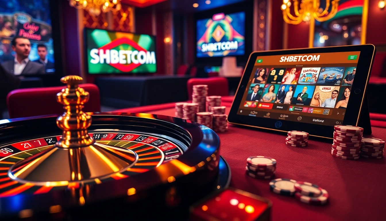 Experience the excitement of SHBETCOM casino with vibrant poker chips and roulette.