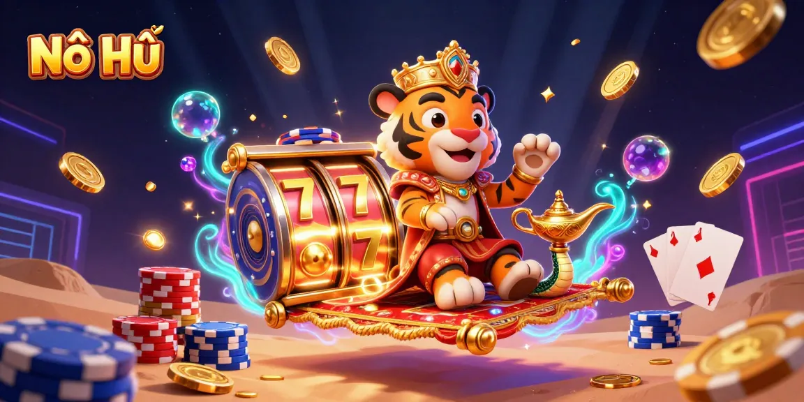 Nổ Hũ adventure unfolds with a cartoon tiger sultan and genie amidst golden slots and poker riches.