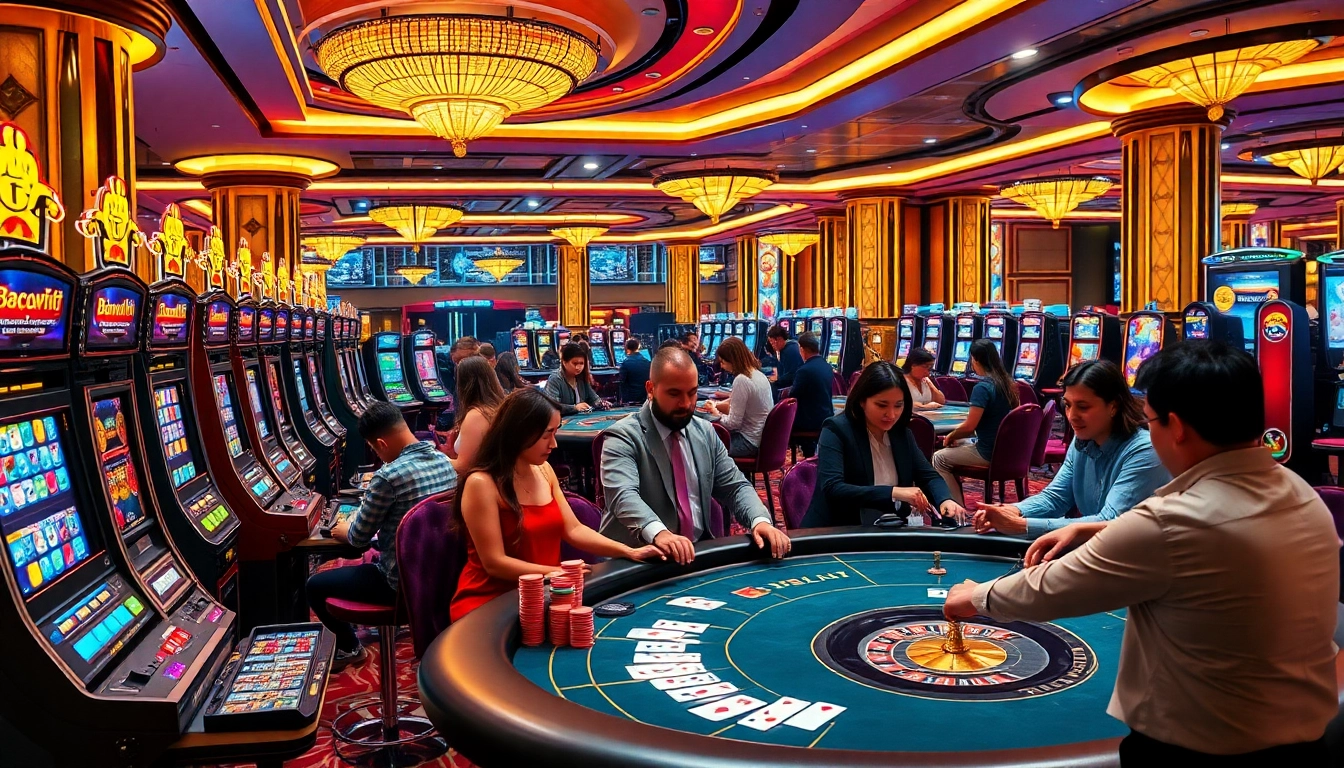 Vibrant gaming scene showcasing TR 88 casino tables and slot machines in a luxurious environment.