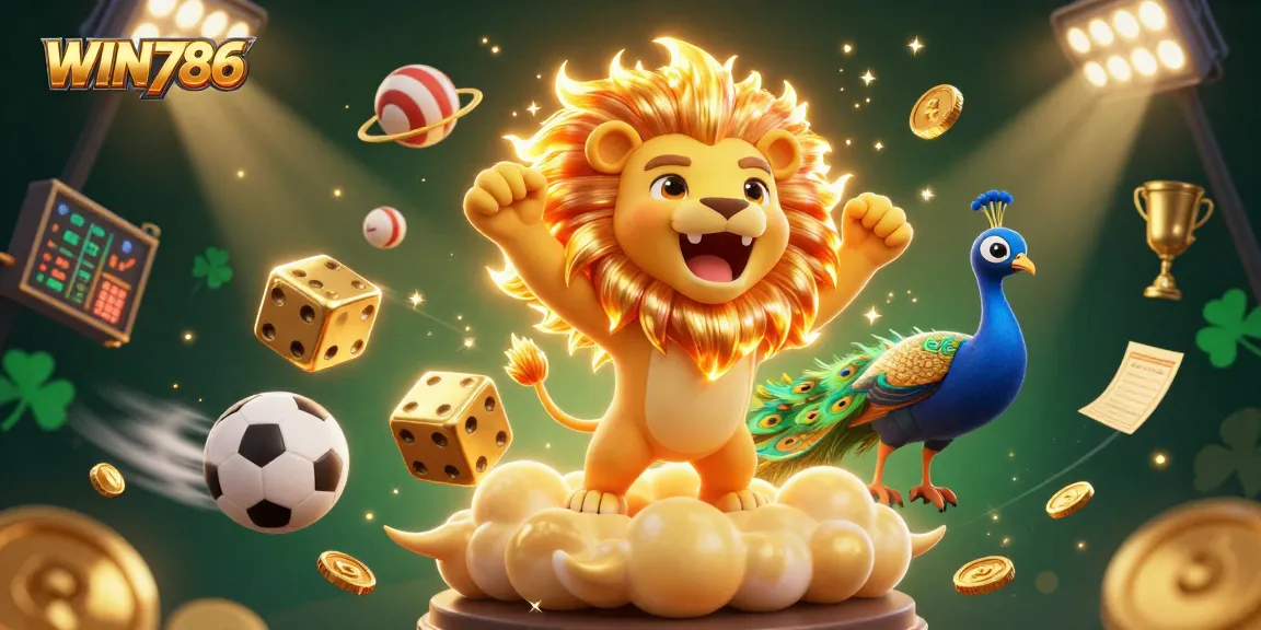 Betting on WIN786 with vibrant 3D illustrations of sports and gaming elements.