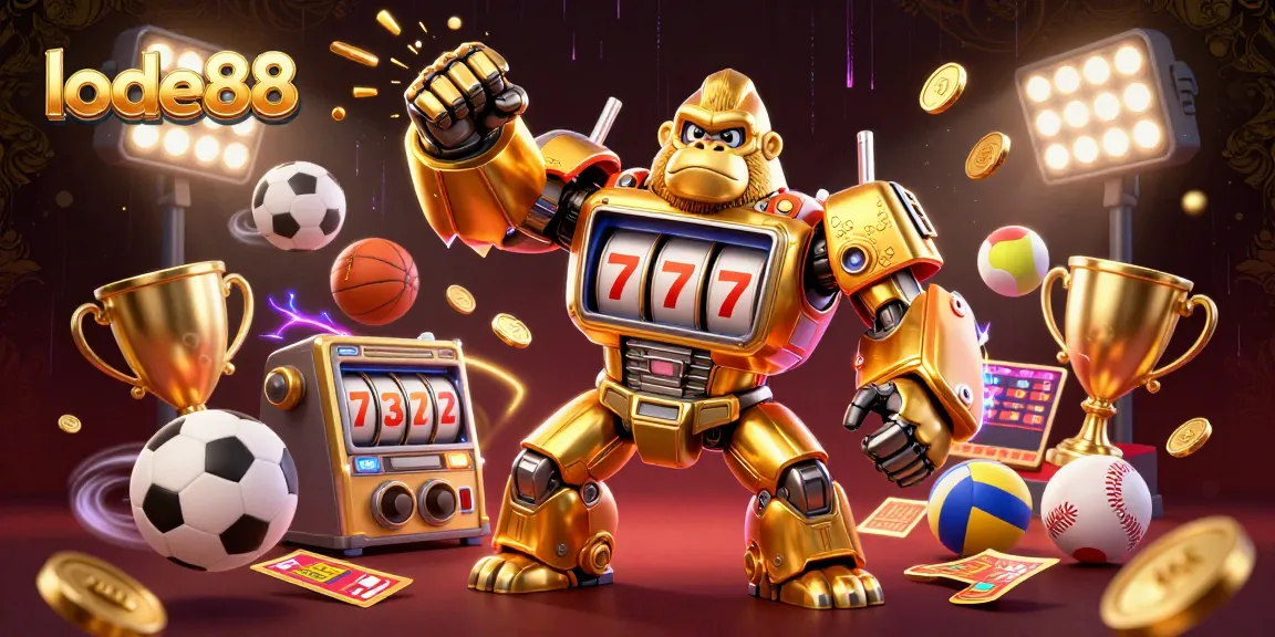 lode88 showcases a dynamic 3D illustration of a golden gorilla mech with slot machine parts and sports elements.