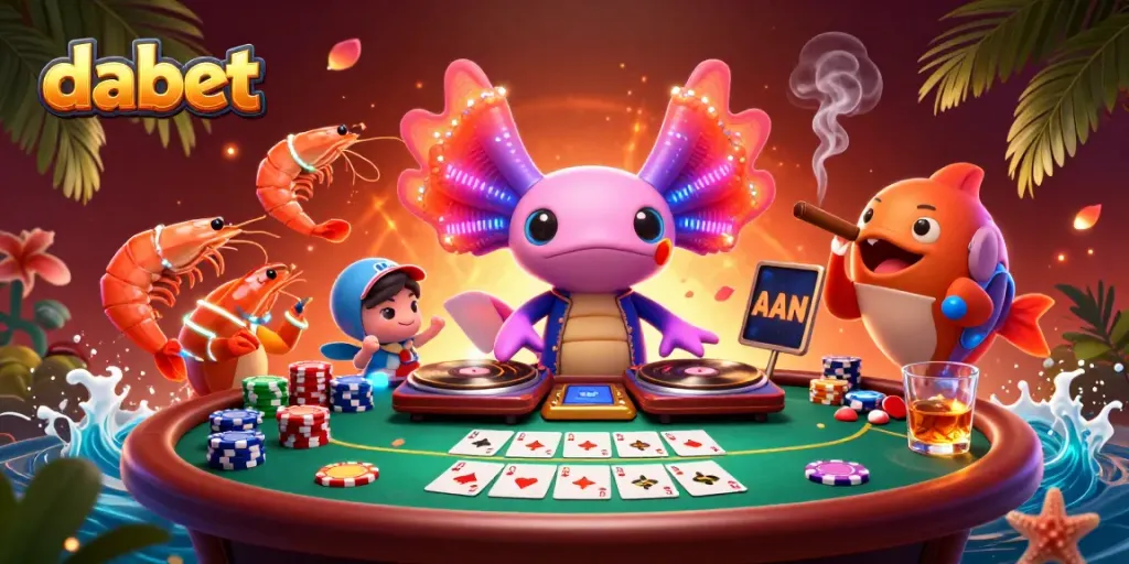 Dabet engaging players with neon characters spinning poker while showcasing vibrant casino elements.