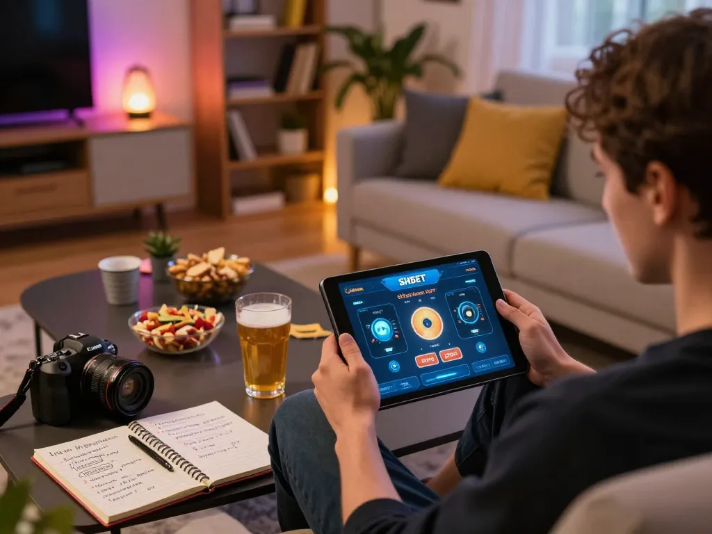 Engaging with SHBET app on a cozy couch, showcasing online gambling experience at home.