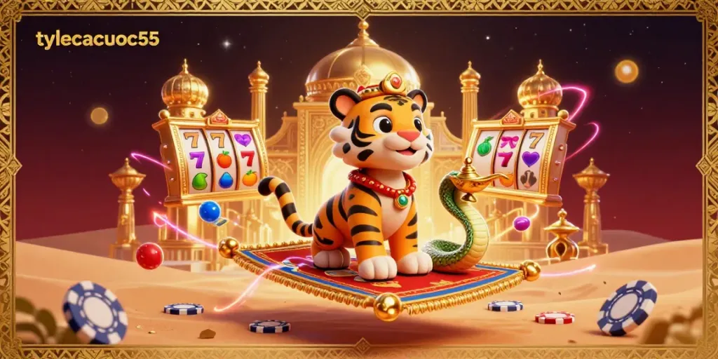 Experience high-stakes excitement with tylecacuoc55 in a vibrant Arabian-themed casino illustration.