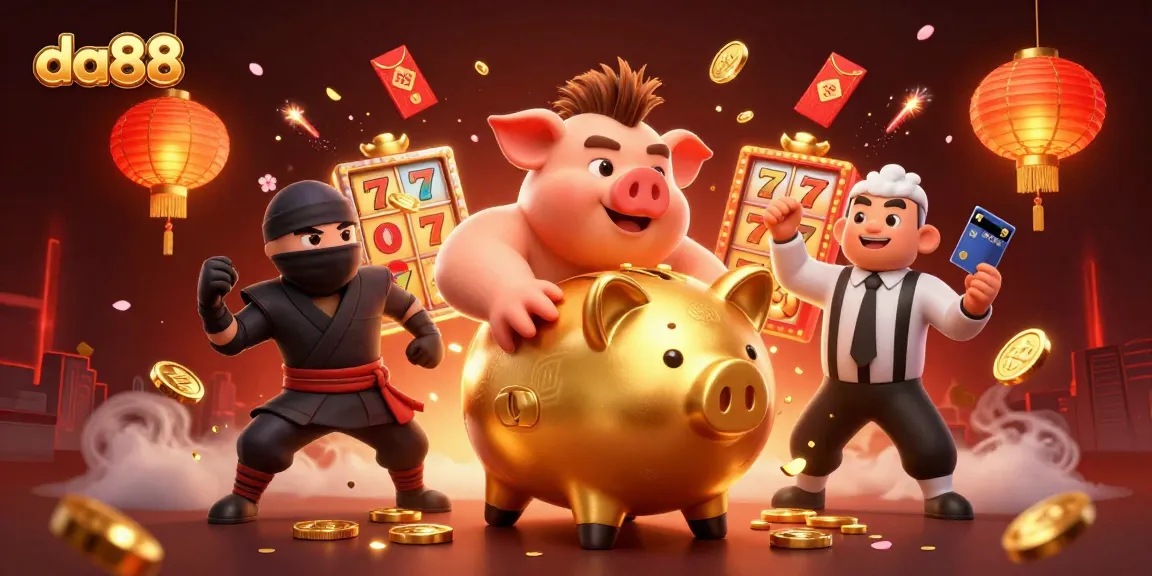 Engage with da88’s vibrant scene of a golden piggy bank sumo wrestler and ninja in action.