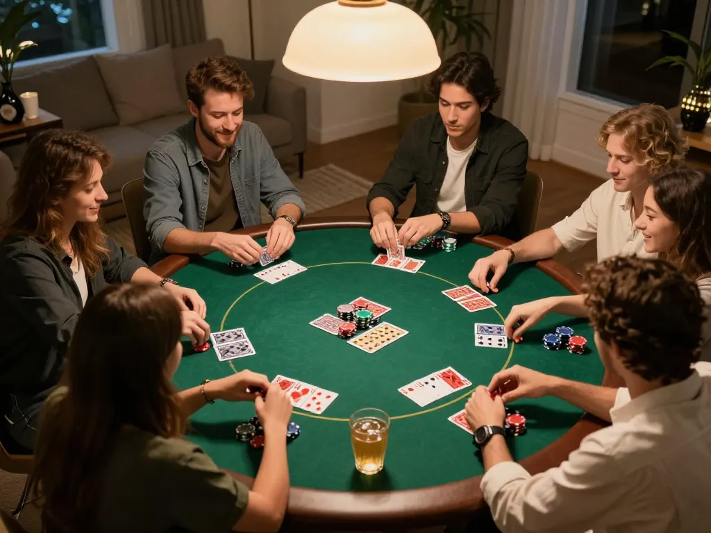 Friends enjoying a lively poker night, showcasing the fun79 gaming experience with engaging gameplay and vibrant social atmosphere.