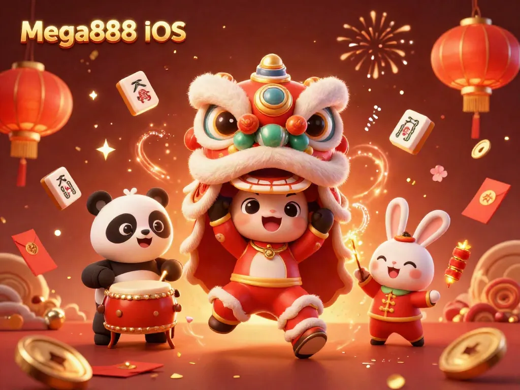 Experience the vibrant Mega888 iOS world with dancing characters, fireworks, and festive decorations.