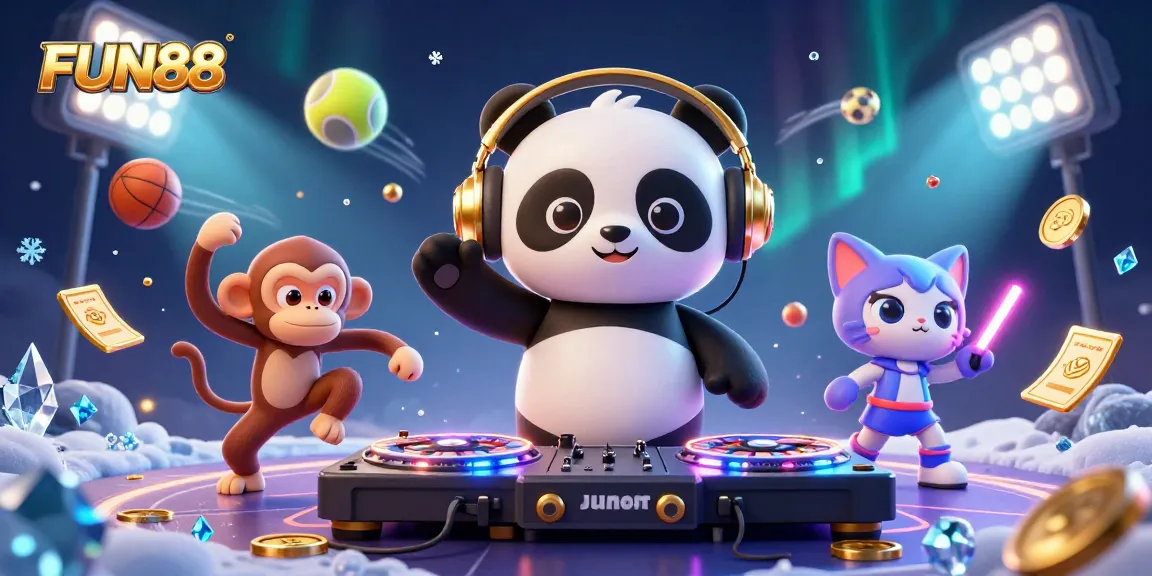 Engage in exciting gaming moments with FUN88, featuring a DJ panda and lively characters celebrating casino thrills.