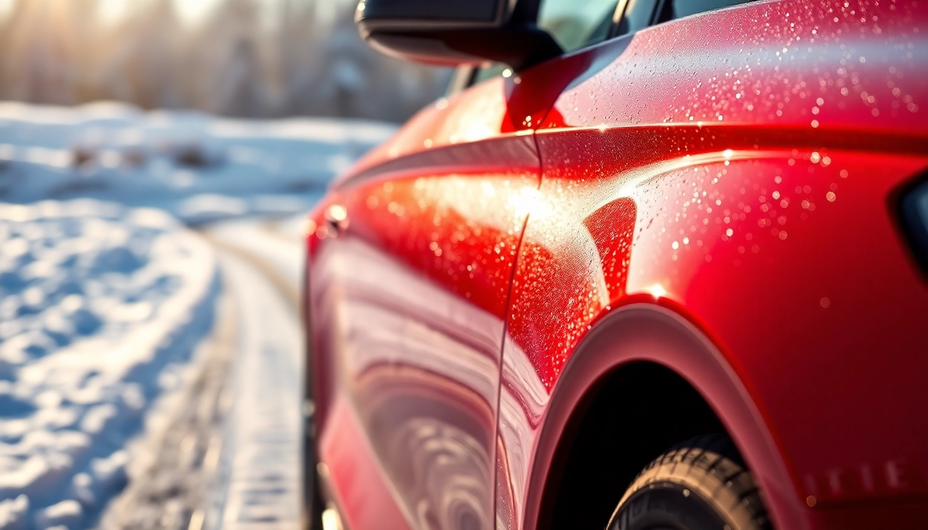PPF winter road salt protection enhances vehicle shine against winter elements in snowy landscape.