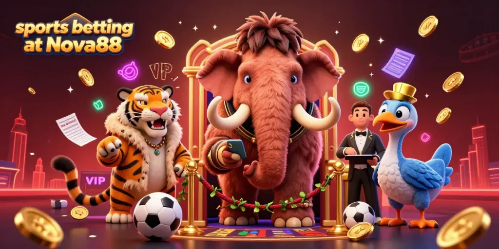 Engage in thrilling sports betting at Nova88 with a dynamic cartoon scene featuring vibrant characters and elements.