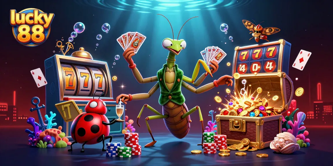 Experience the excitement of lucky 88 with vibrant slot reels and engaging 3D characters in this action-packed scene.
