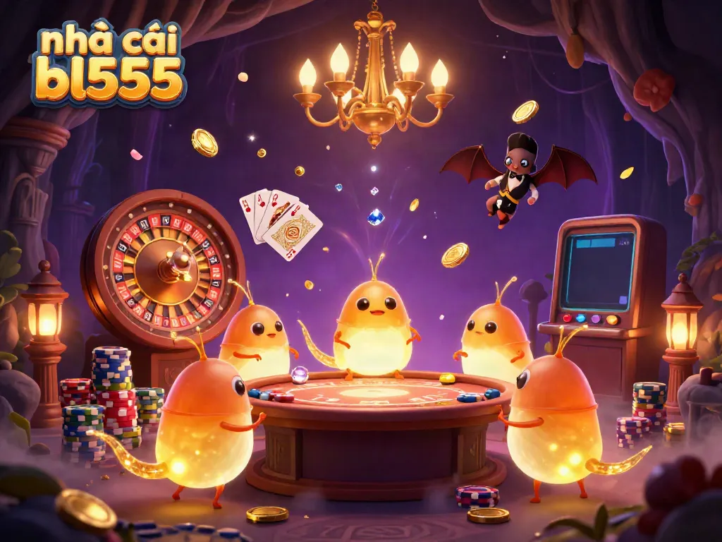 Engage in vibrant gameplay at nhà cái bl555 with neon glowworms illuminating a cave casino.