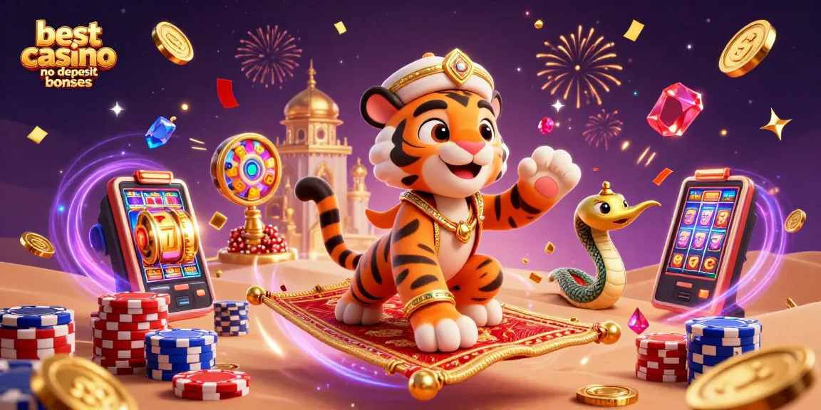 Experience the best casino no deposit bonuses with vibrant slot machines and a magical 3D scene.