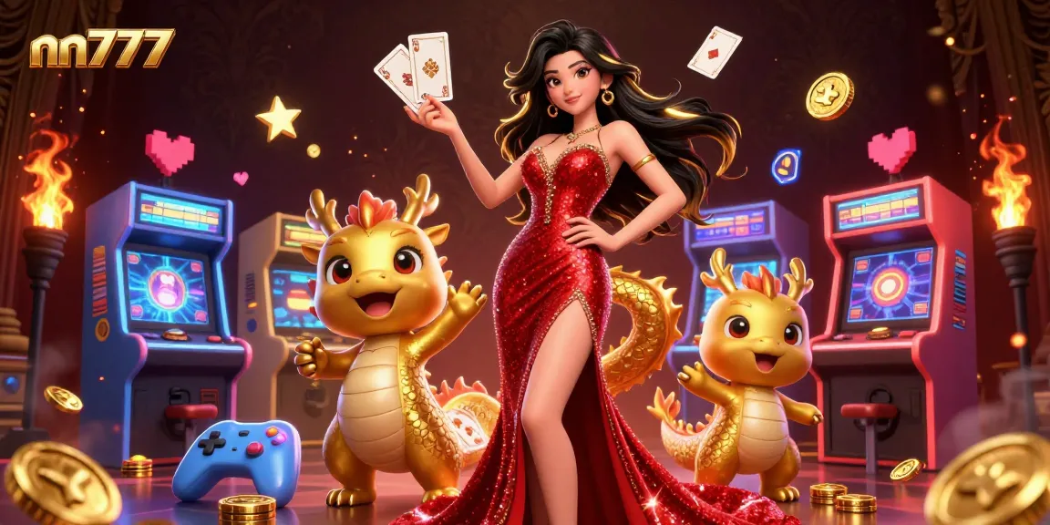 Experience thrilling gameplay at nn777, featuring a stunning Asian woman, vibrant casino elements, and a welcoming atmosphere.