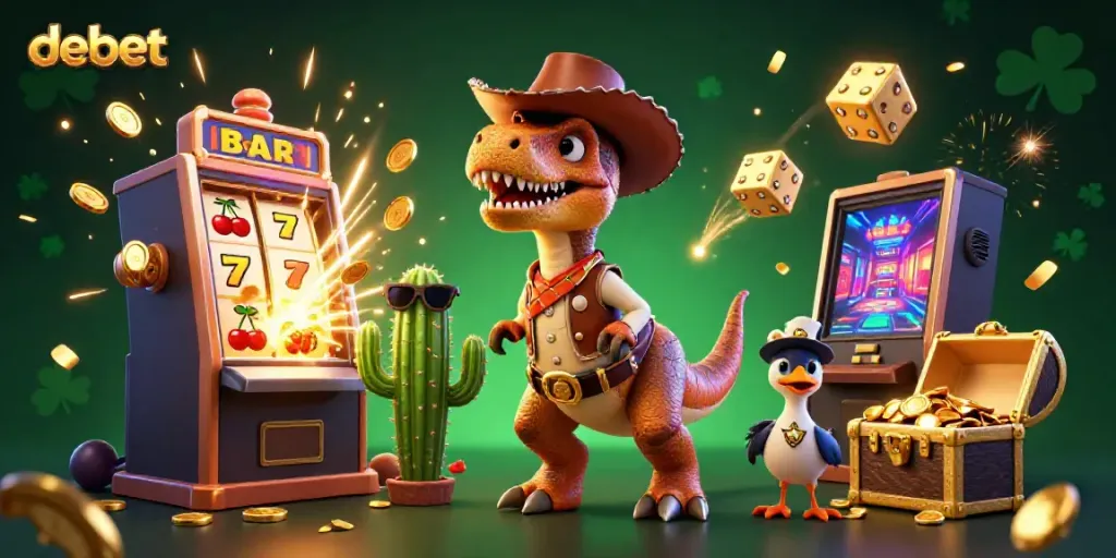 Engage with thrilling slots and jackpots at Debet's online casino with vibrant characters and exciting game elements.