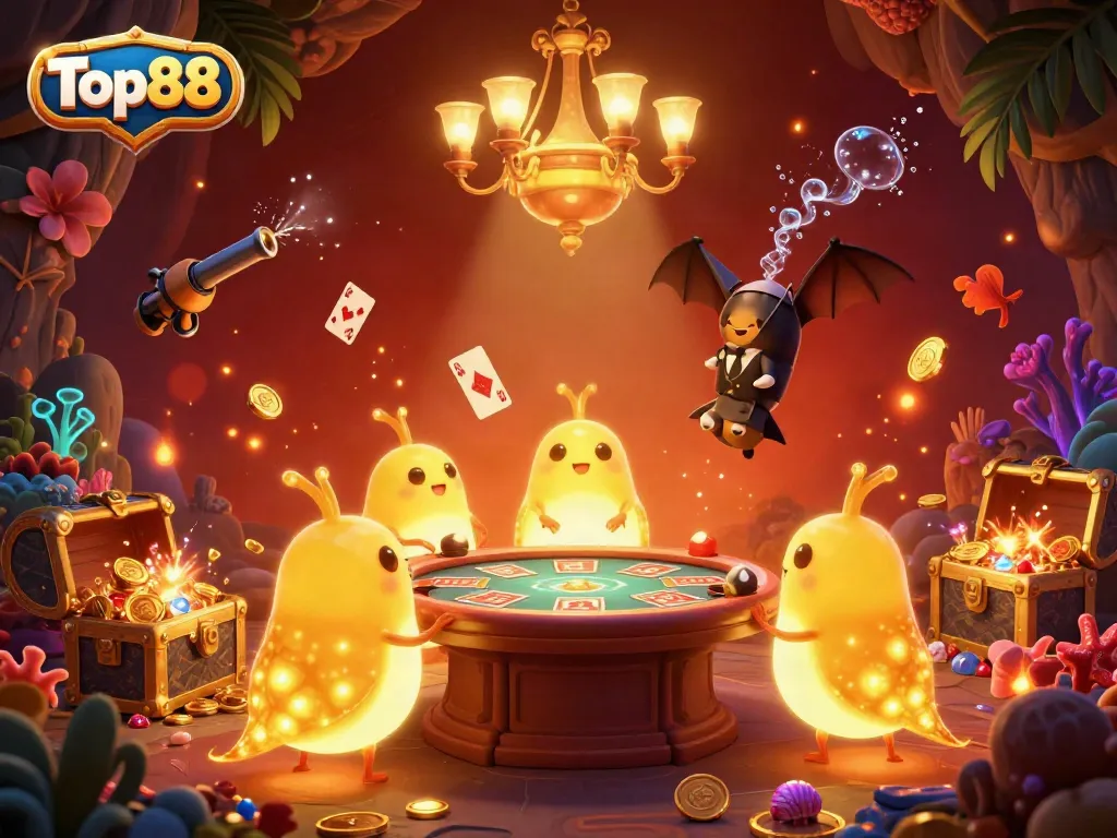 Engage in vibrant gaming experiences at Top88's radiant casino, illuminated by playful glowworms.