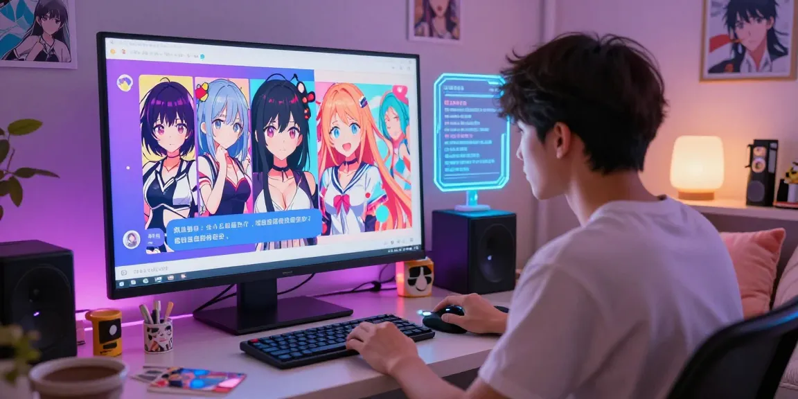 Dynamic AI ecchi chat scene with user engaging in vibrant conversation with anime characters in a virtual room, showcasing playful interaction and immersive experience.