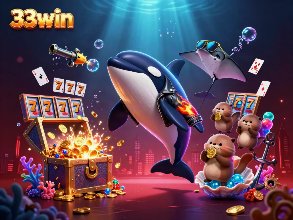 Engage in thrilling gameplay with the whimsical 33win characters amidst captivating slots and casino imagery.