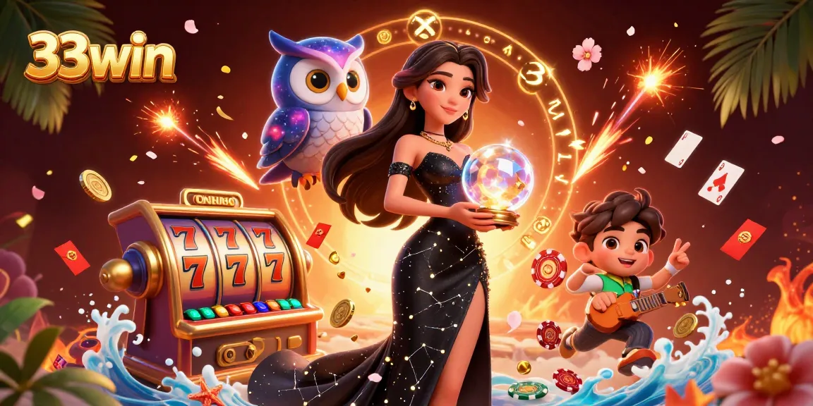 Engage with the thrilling world of 33win, showcasing vibrant casino elements and an enchanting atmosphere.
