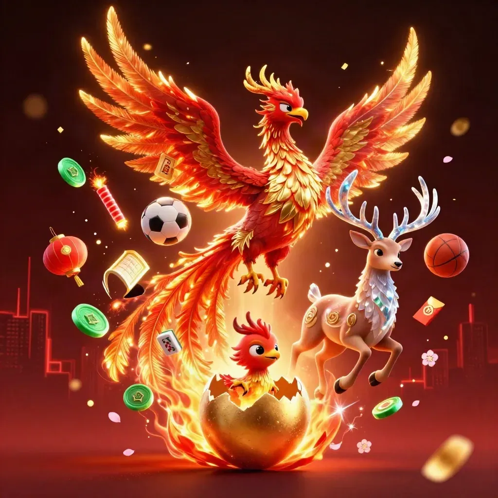 Phoenix, stag and hatching egg amid casino symbols, soccer and basketball in a dark gold-red glow