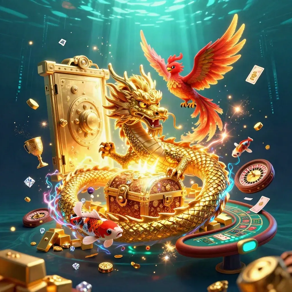 Golden dragon, phoenix, and koi erupt from a vault with casino treasures and neon energy.