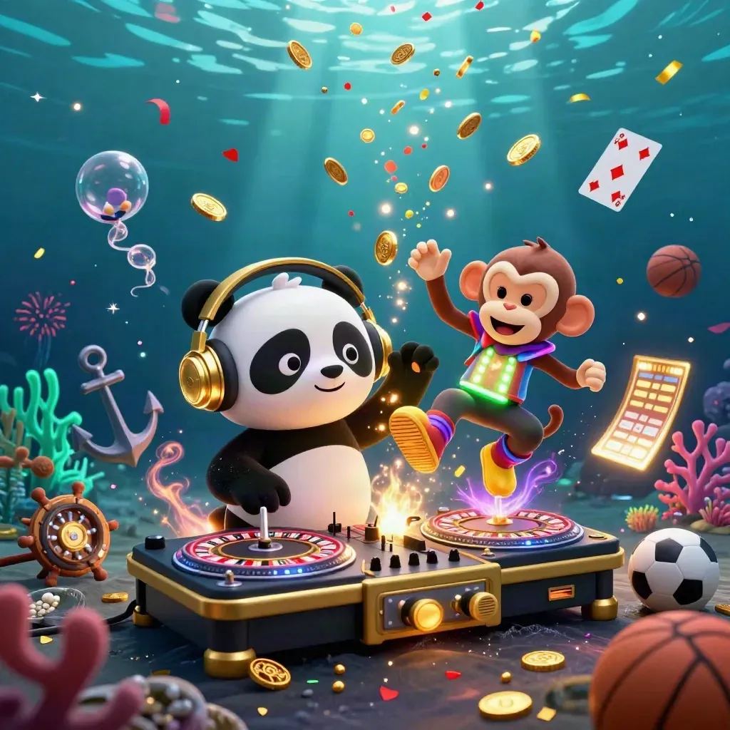 Underwater casino rave with DJ panda, monkey, and kitten amid coins, cards, balls, and coral.