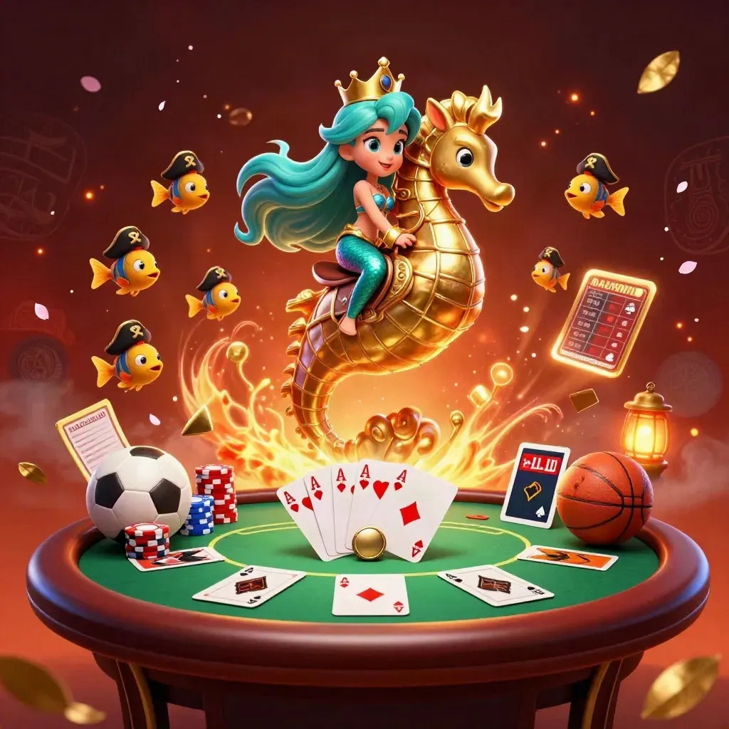 Mermaid princess on armored seahorse amid poker chips, cards, fish, and casino glow.