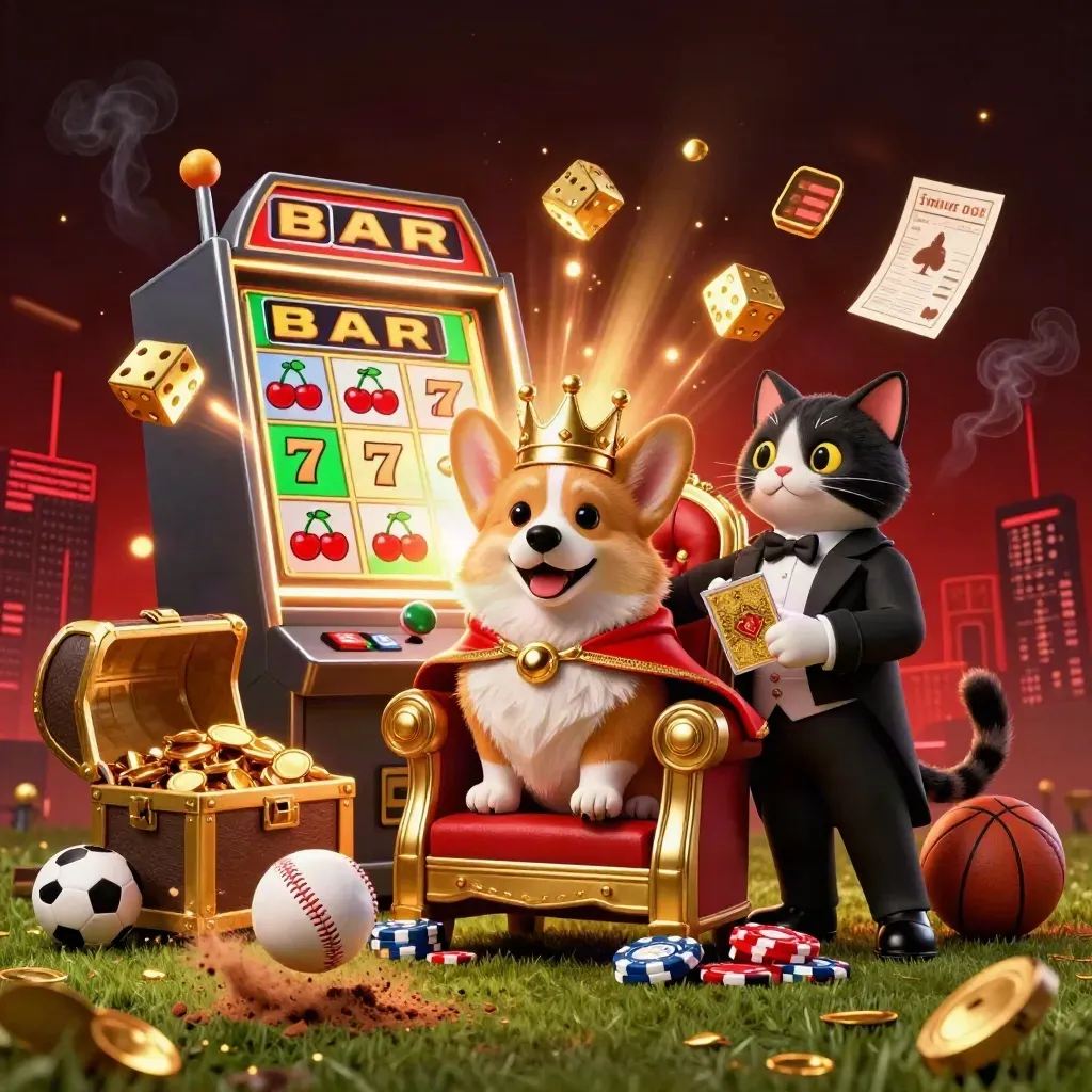 Royal corgi and cat butler amid jackpot casino chaos and a frozen baseball strike.