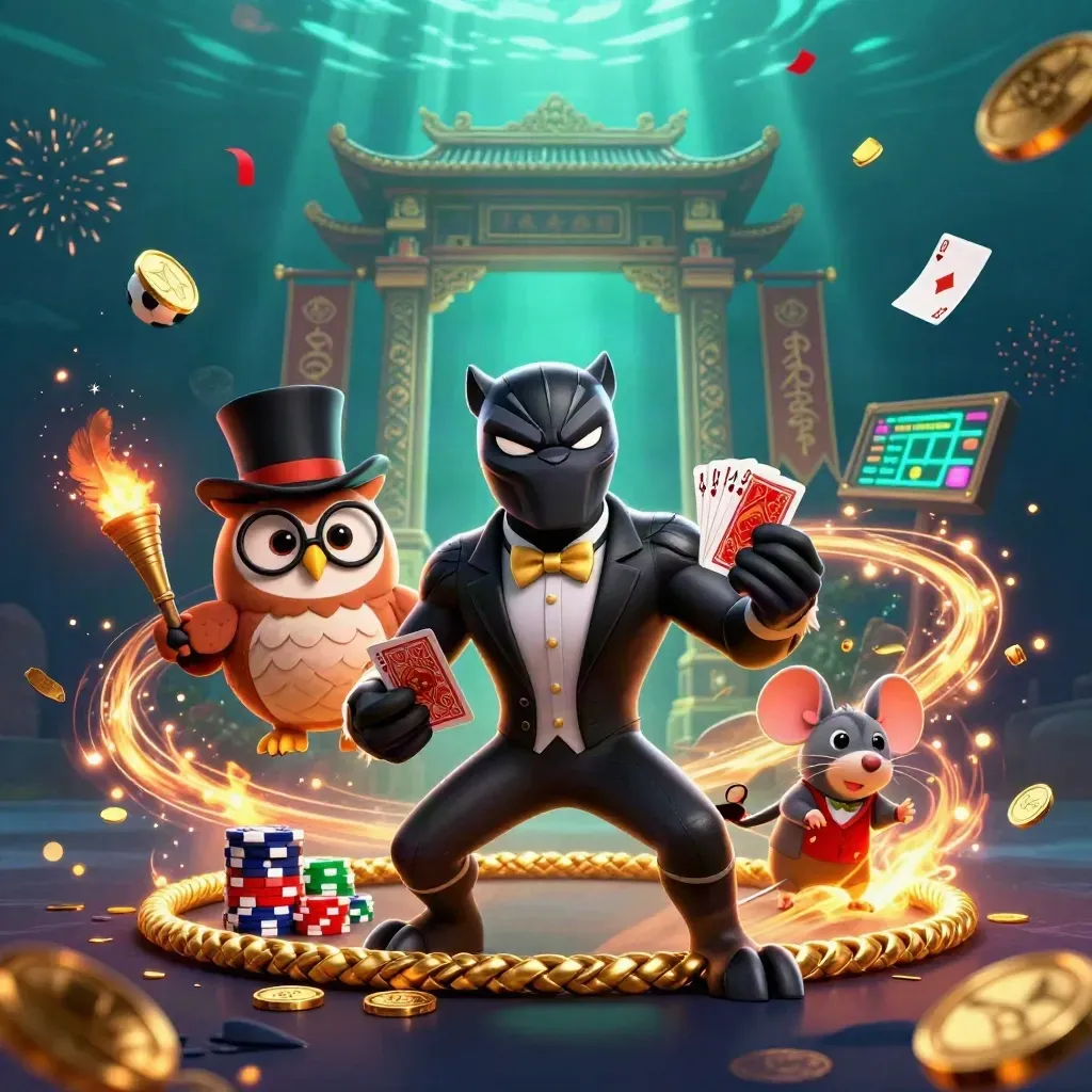 Panther, owl and mouse amid casino chaos, coins, balls, confetti and neon underwater light