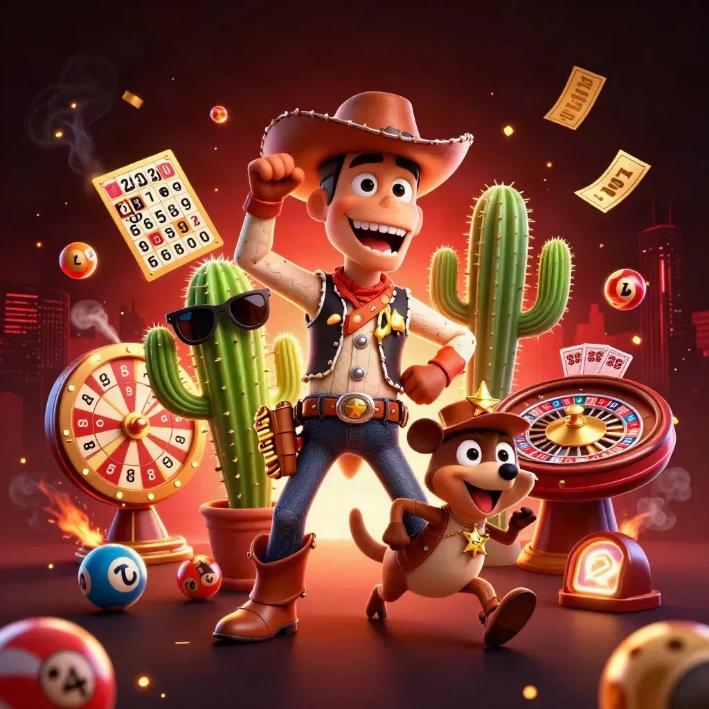 Cowboy T-Rex, cactus sidekick, and sheriff roadrunner in a luxe casino burst of lights and game pieces.