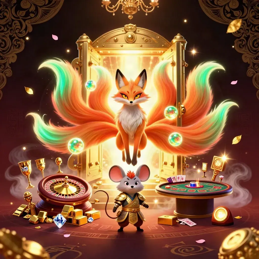 Neon-tailed fox spirit and armored mouse amid gold, gems, and casino luxury glow.