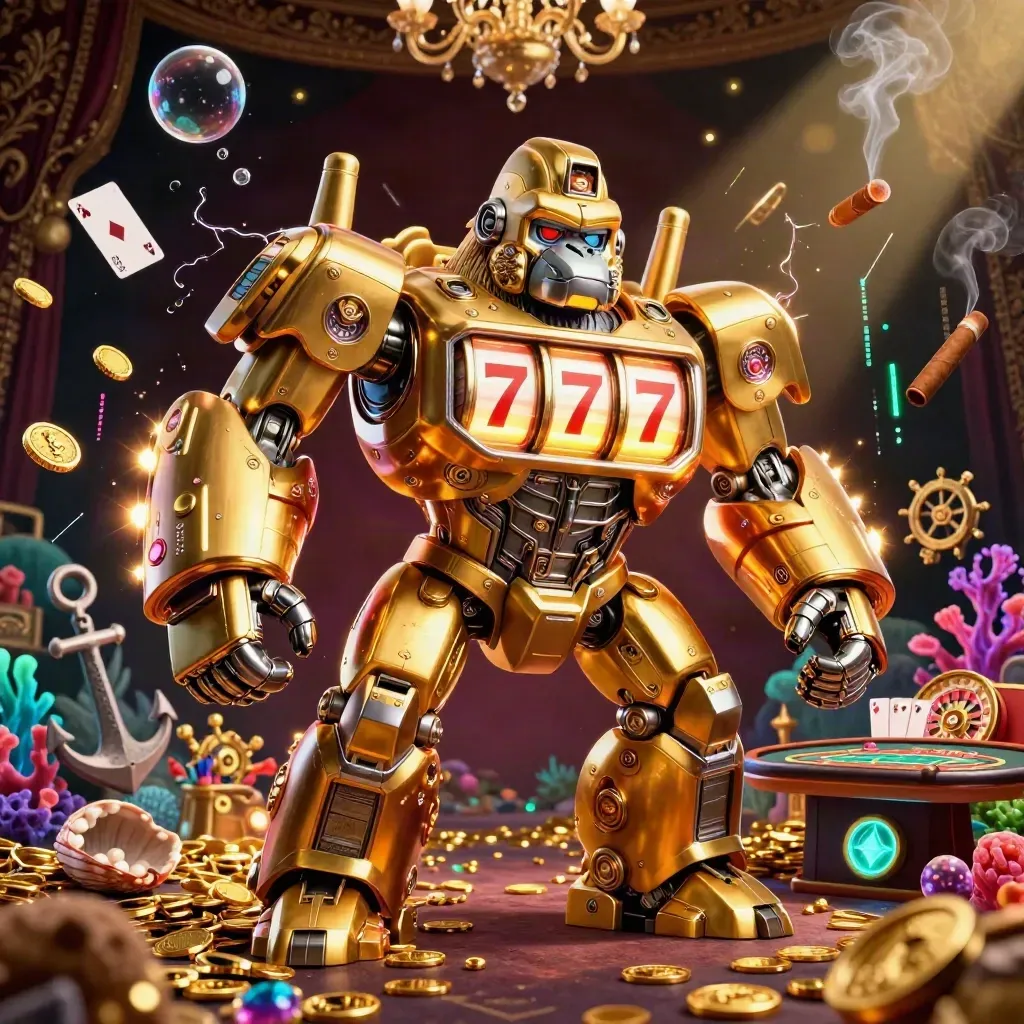 Golden gorilla mech with tiny monkey pilot amid casino-treasure cove glamour and neon sparks.