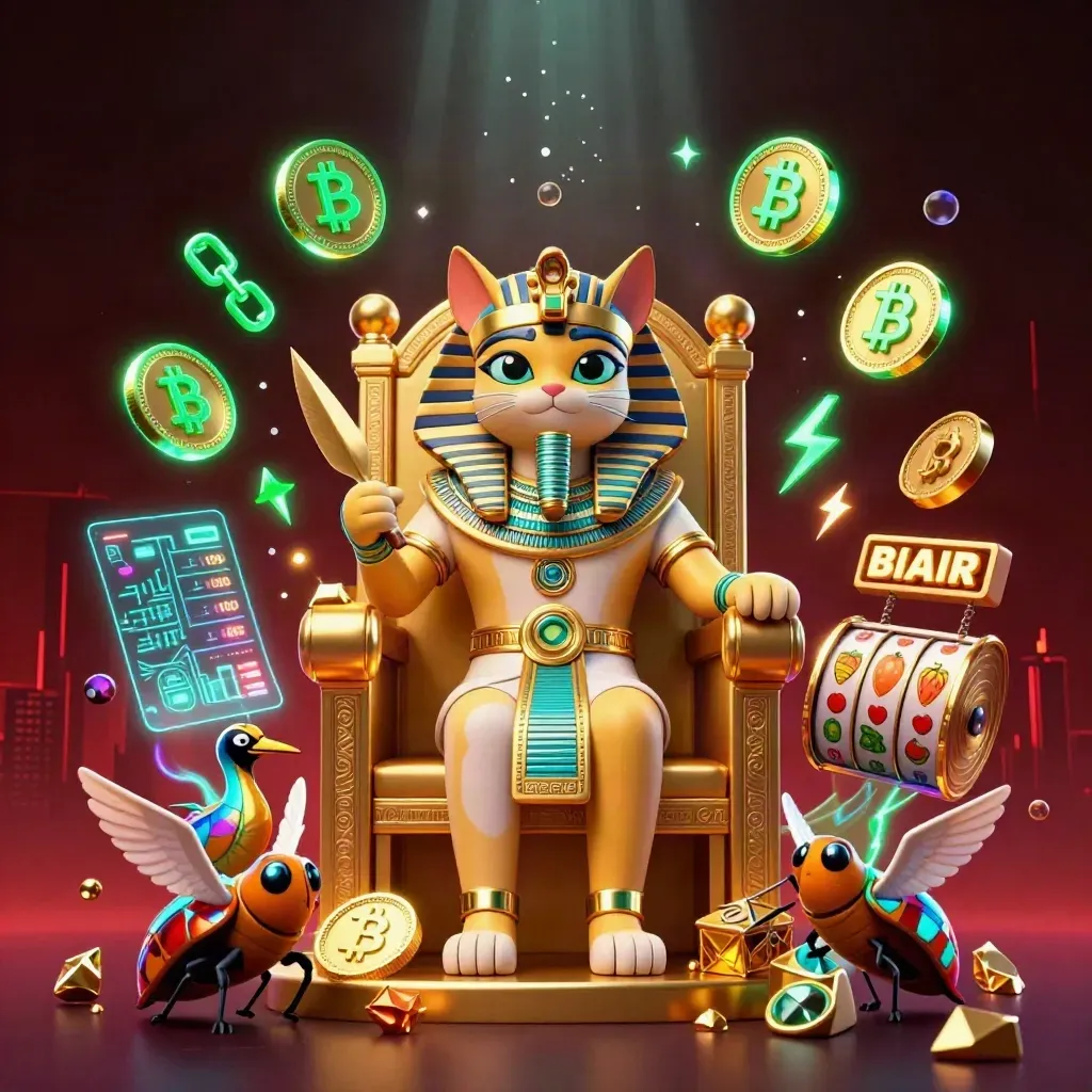 Pharaoh cat, ibis scribe, and gem-winged scarabs amid neon coins, lightning, and casino treasure