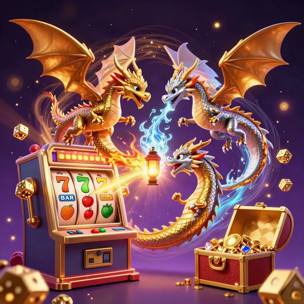 Gold and silver dragons spiral around a lantern spirit as slot symbols and treasure burst outward.