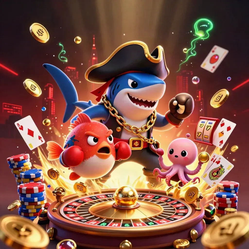 Shark pirate, boxing pufferfish, and coin-juggling octopus amid glowing casino treasure and loot