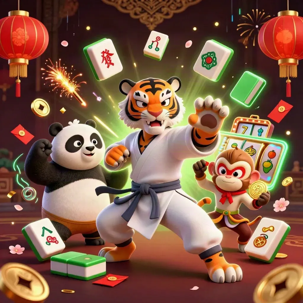 Kung-fu tiger, panda, and monkey amid neon casino effects and flying gold coins.