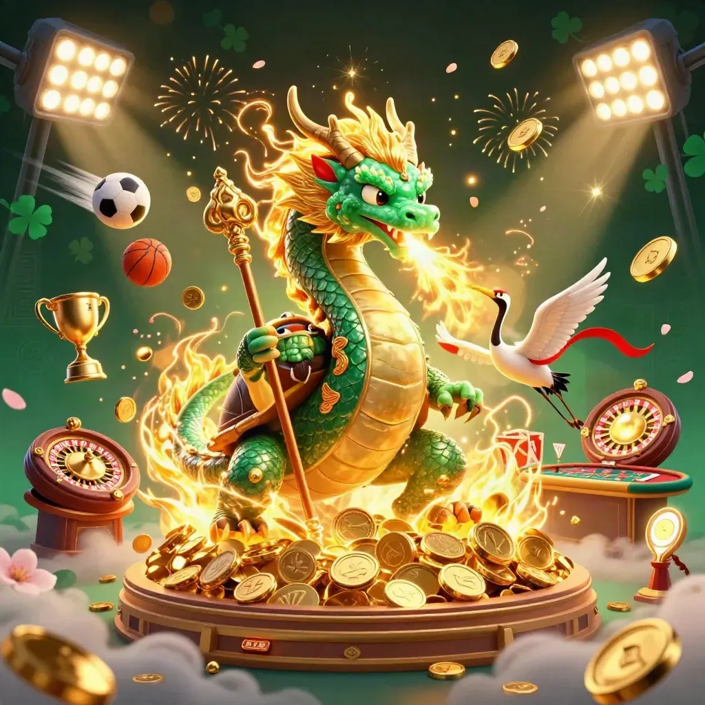 Emerald dragon, sage turtle, cranes, casino treasures, fireworks, and luxe dark casino energy