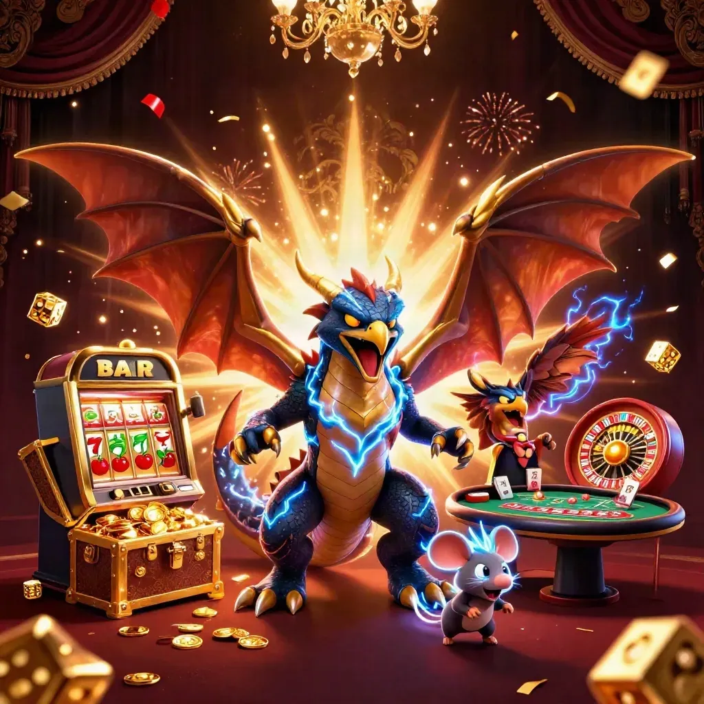 Thunder dragon, wind hawk, and crackling mouse amid casino loot, fireworks, and gold