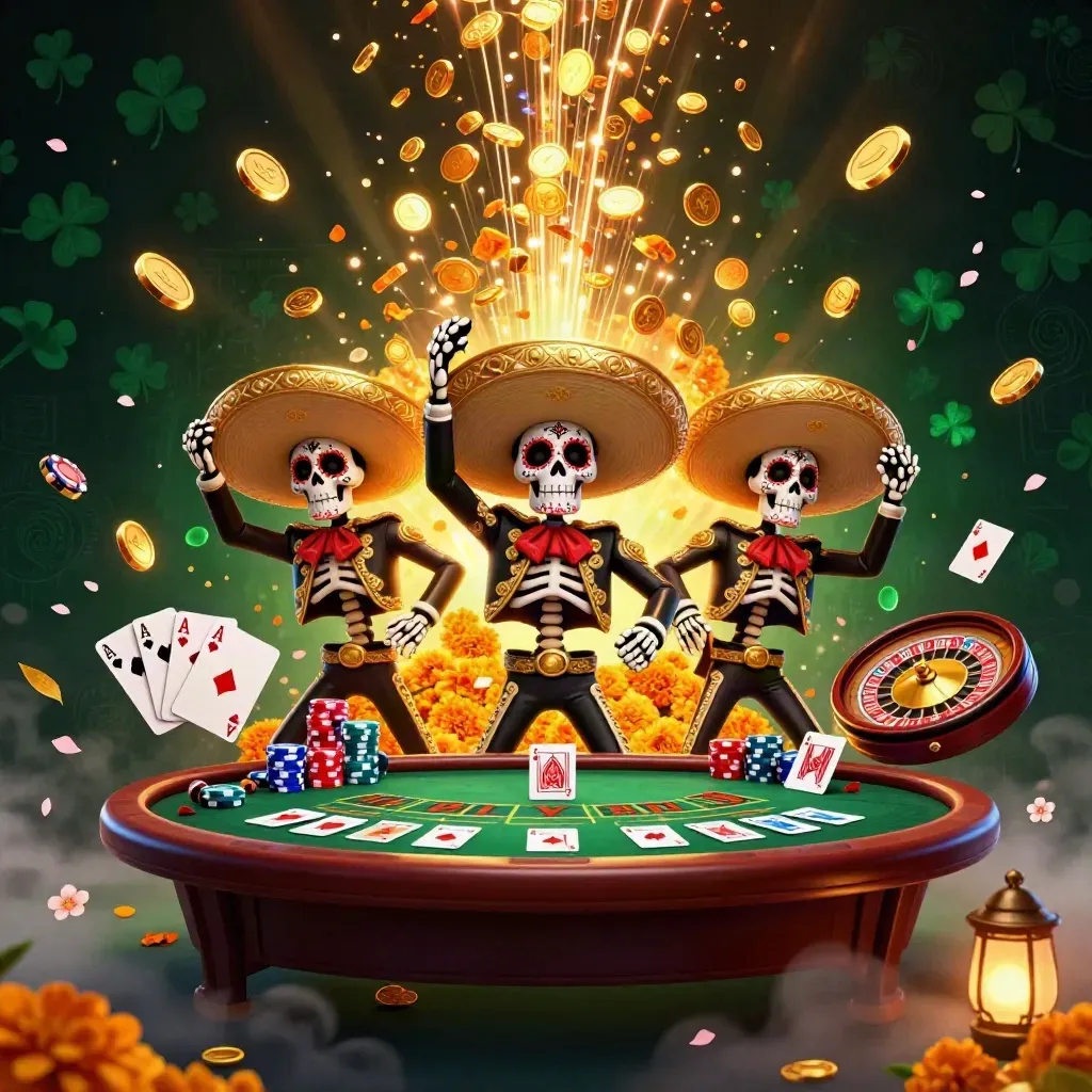 Skeleton mariachi trio amid gold coins, chips, cards, roulette wheel, fireworks, and casino glow.