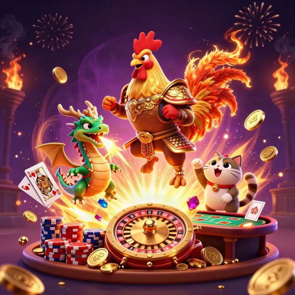 Rooster warrior, dragon hatchling and fortune cat amid exploding casino treasure and fireworks