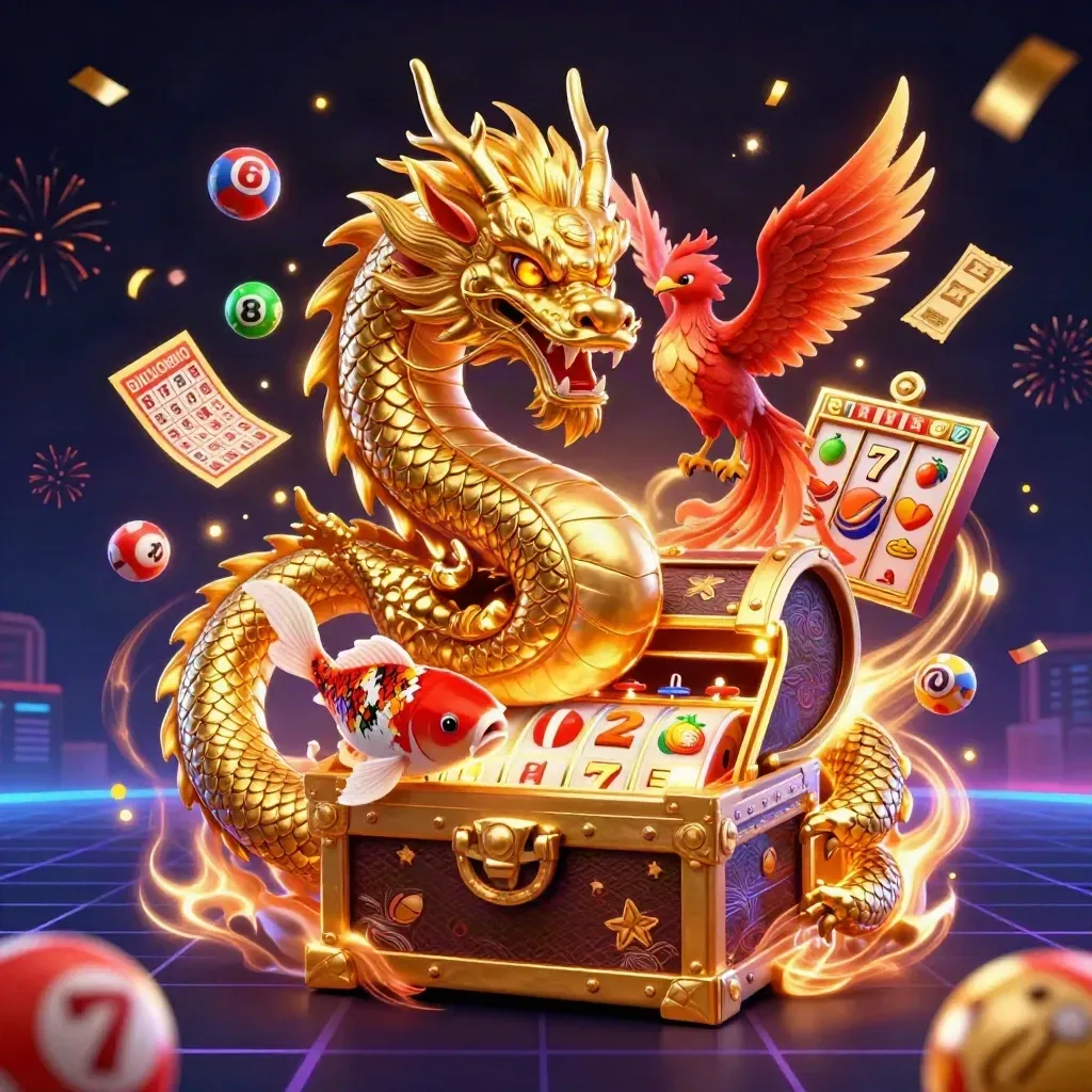 Golden dragon on chest with phoenix, koi, reels, jackpot bursts, and casino confetti