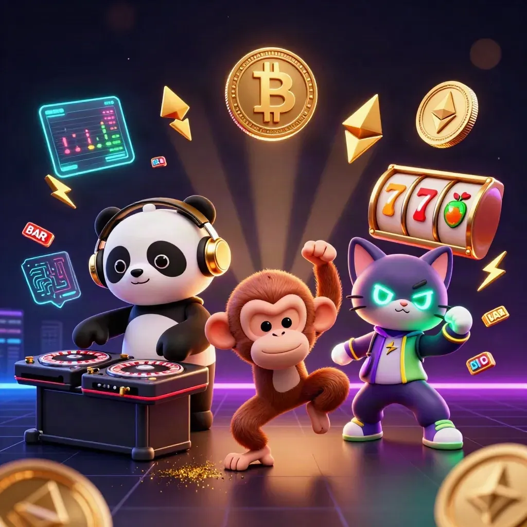 DJ panda, breakdancing monkey, and glow-stick kitten amid casino coins and neon effects