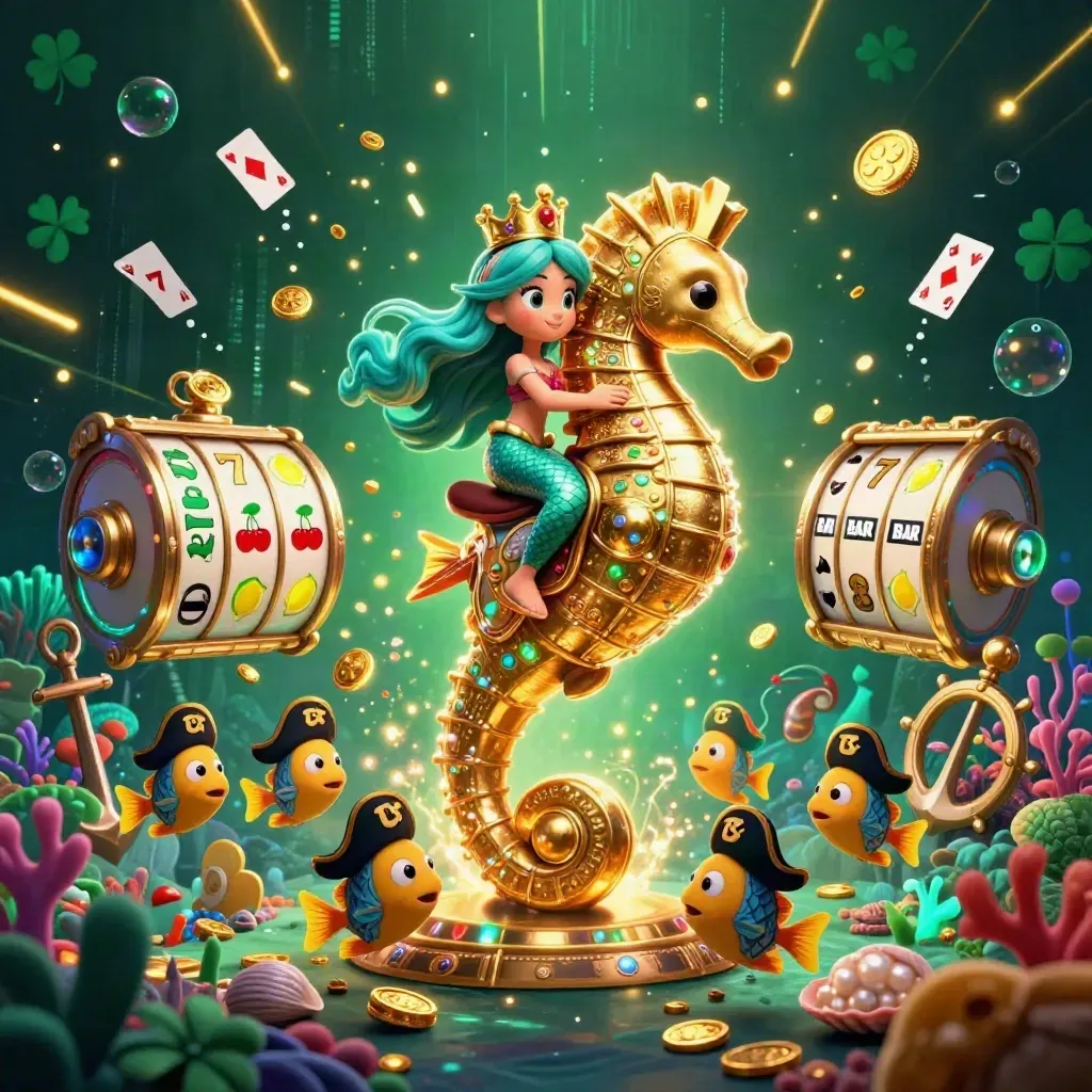 Mermaid princess on a golden seahorse amid pirate fish, treasure, reels, and casino glow.